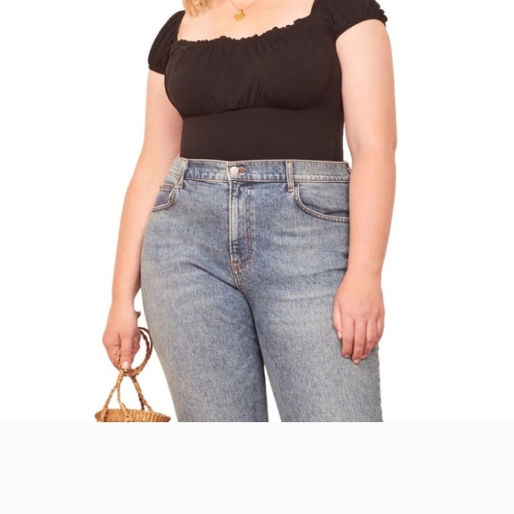 Reformation Lara Black Puff-Sleeve Square-Neck Top